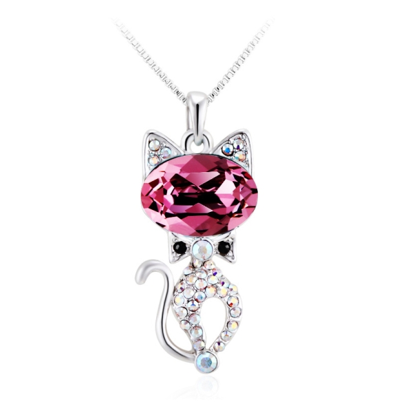 Hermoso Collar de Cristal Swarovski Chapado en Rodio en Forma de Gato Color Rosa