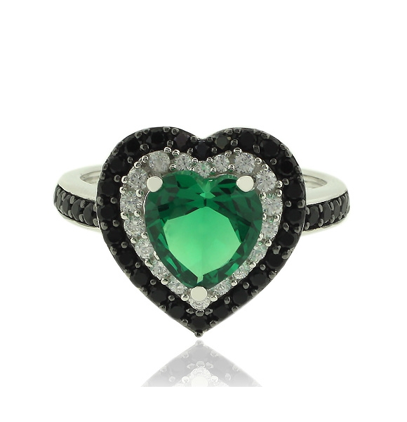 Anillo de Plata con Piedra Preciosa de Esmeralda en Forma de Corazón y Zirconias