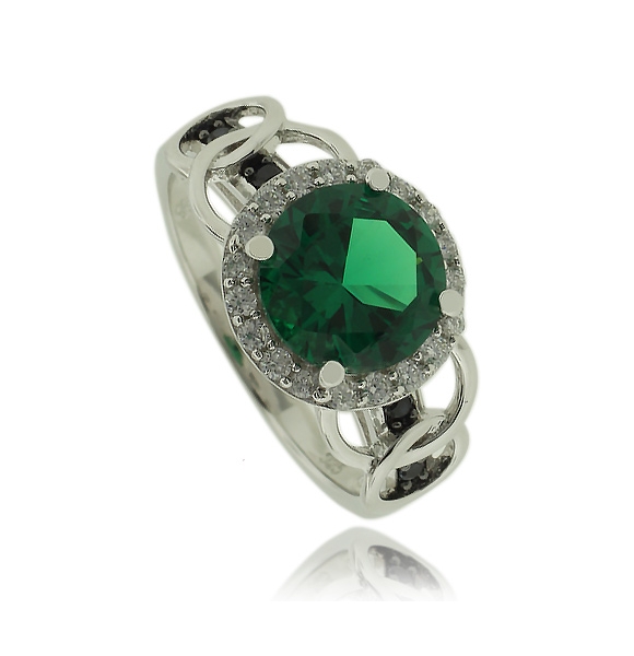Anillo de Plata con Piedra Preciosa de Esmeralda en Corte Redondo y Zirconias