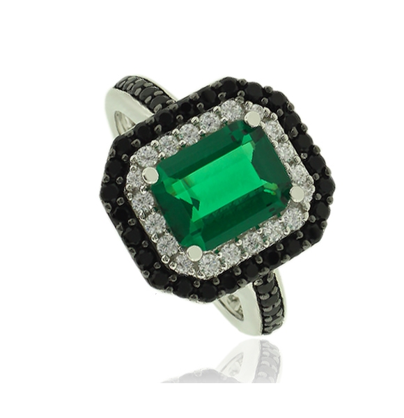 Hermoso Anillo de Plata con Piedra Preciosa de Esmeralda y Zirconias