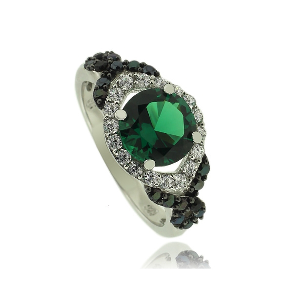 Hermoso Anillo de Plata con Piedra Preciosa de Esmeralda en Corte Redondo y Zirconias