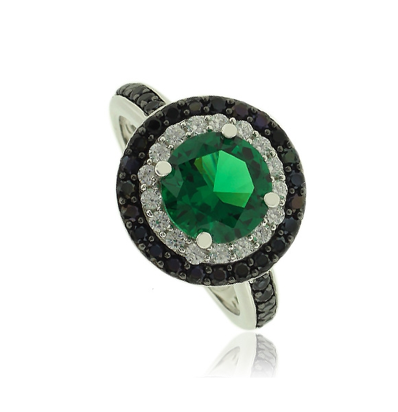 Precioso Anillo de Plata con Piedra Preciosa de Esmeralda en Corte Redondo y Zirconias