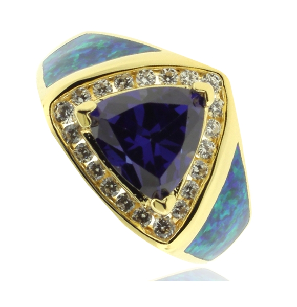 Anillo de Ópalo Australiano En Baño de Oro con Gran Piedra Tanzanita en Corte Triangular.