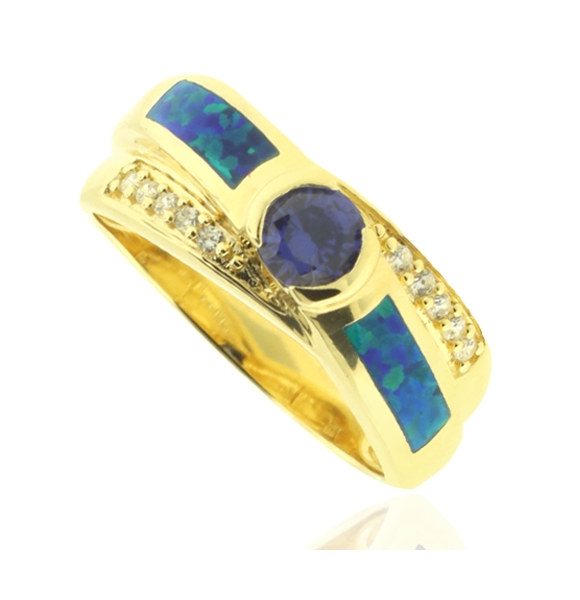 Anillo de Ópalo Australiano En Baño de Oro con Piedra Tanzanita en Corte Circular