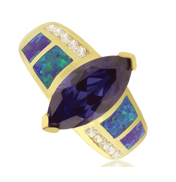 Anillo de Ópalo Australiano En Baño de Oro con Piedra Tanzanita en Corte Marquesa.
