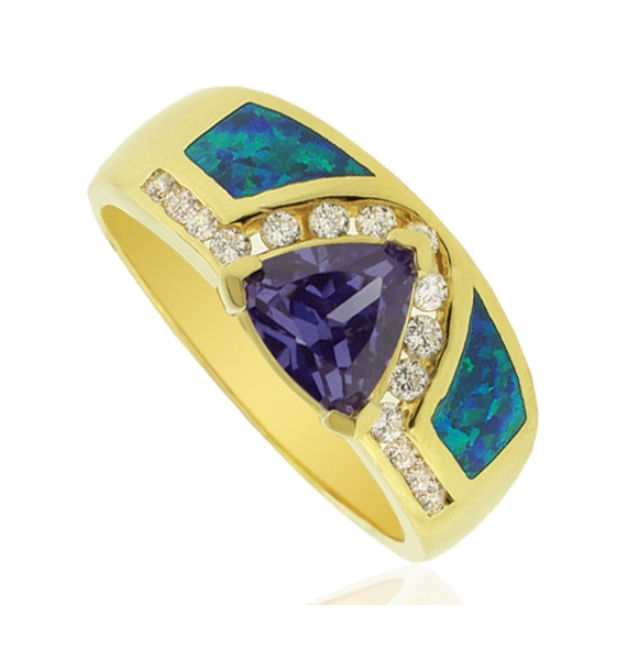 Opal and Gold Plated Ring With TrillionCut Tanzanite Gemstone.
