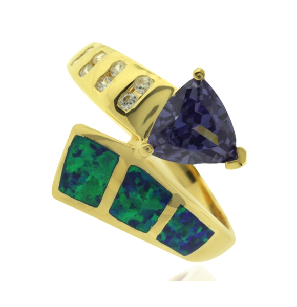 Anillo de Ópalo Australiano En Baño de Oro con Piedra Tanzanita en Corte Triangular.