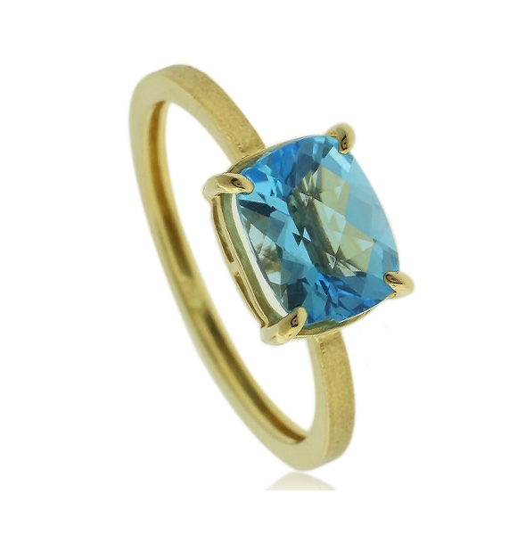 Hermoso Anillo de Oro de 14K con Piedra Preciosa de Topacio Azul Genuino en Corte Rectangular