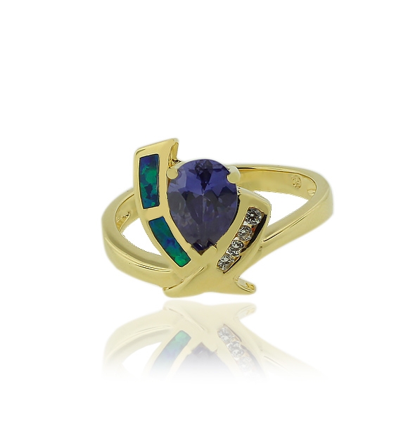 Anillo de Ópalo Australiano En Baño de Oro con  Elegante Piedra Tanzanita en Corte Pera