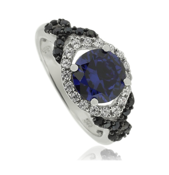Anillo de Plata con Piedra Preciosa de Tanzanita en Corte Redondo y Zirconias