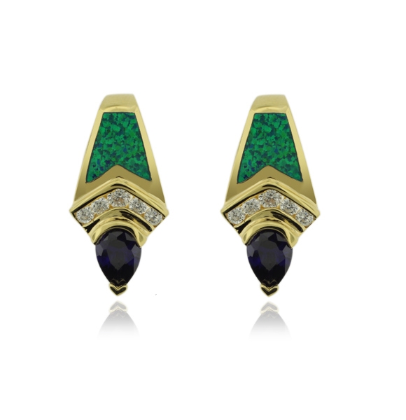 Grandiosos Aretes en Baño de Oro con Tanzanita en Corte Pera y Ópalo Australiano.