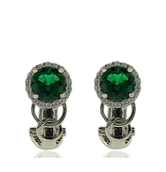Preciosos Aretes de Plata de Ley Con Esmeralda  en Corte Circular y Zirconias.