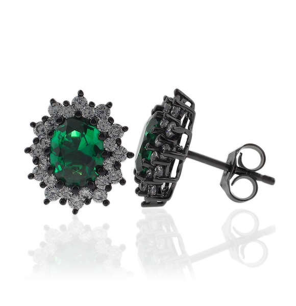 Aretes de Plata Negra Con Esmeralda en Corte Ovalado.