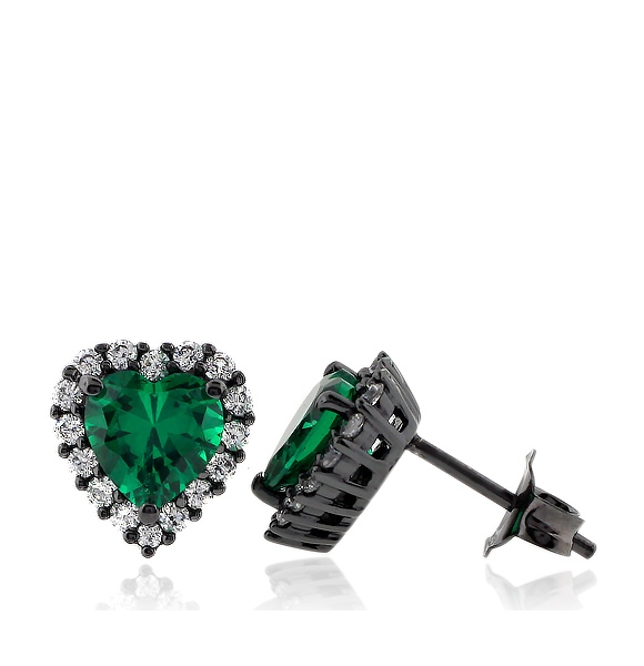 Aretes de Plata Negra Con Esmeralda en Forma de Corazón