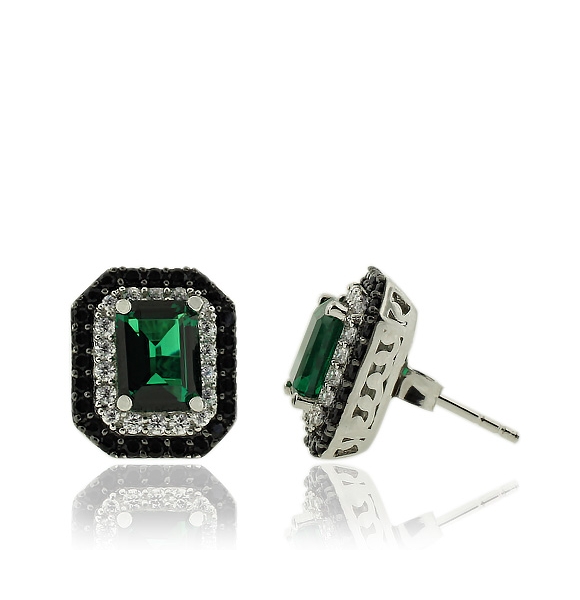 Aretes de Plata de Ley Con Esmeralda y Zirconia