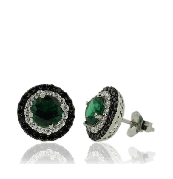 Aretes de Plata de Ley Con Esmeralda en Corte Redondo y Zirconia
