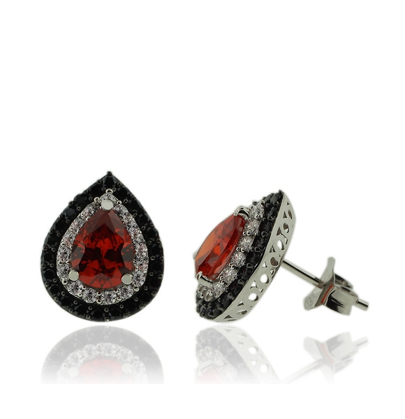 Aretes de Plata con Zirconia y Ópalo de Fuego en Corte de Pera