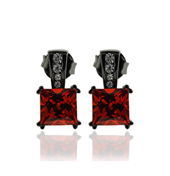 Aretes de Ópalo de Fuego En Corte Princesa con Plata Negra Y Zirconia