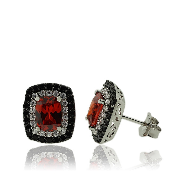 Gran Par de Aretes de Plata con Zirconia y Ópalo de Fuego Esmeralda