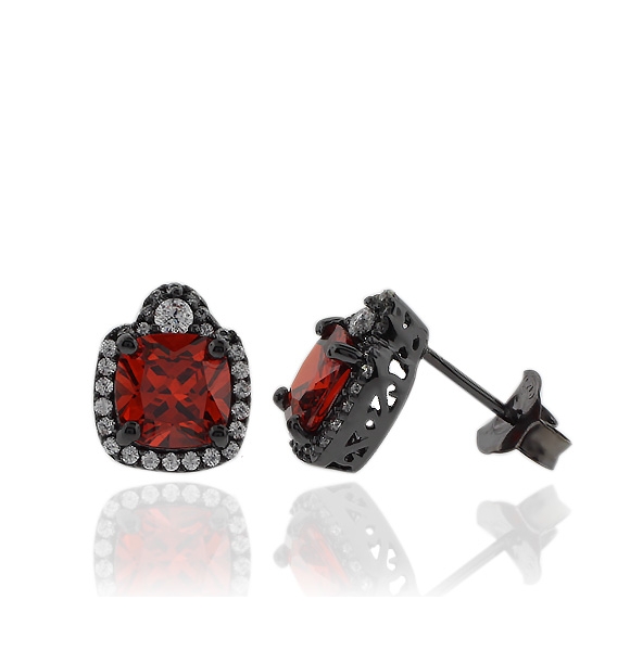 Aretes de Ópalo de Fuego En Corte Princesa con Plata Negra Y Zirconia