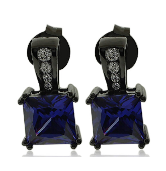 Aretes de Plata Negra Con Tanzanita en Corte Princesa