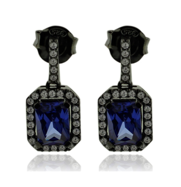 Aretes de Plata Negra Con Tanzanita en Corte Esmeralda y Zirconias
