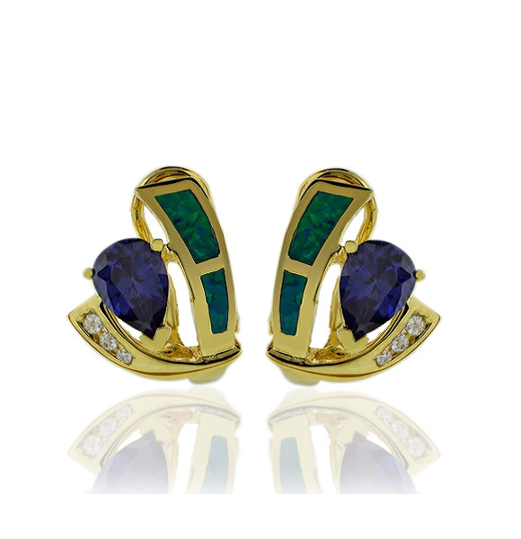 Hermosos Aretes en Baño de Oro con Tanzanita en Corte Pera y Ópalo Australiano.