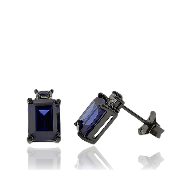 Aretes de Plata Negra Con Tanzanita en Corte Esmeralda