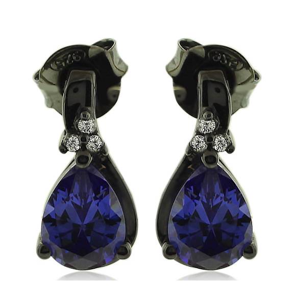 Aretes de Plata Negra Con Tanzanita en corte de Pera