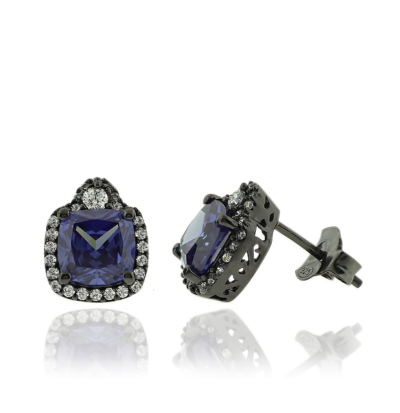 Aretes de Plata Negra Con Tanzanita y Piedras Zirconia