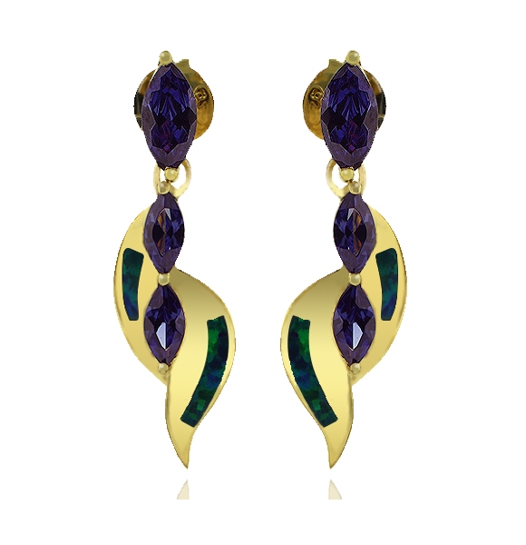 Aretes en Baño de Oro con Piedras de Tanzanita en Corte Marquesa y Ópalo Australiano.