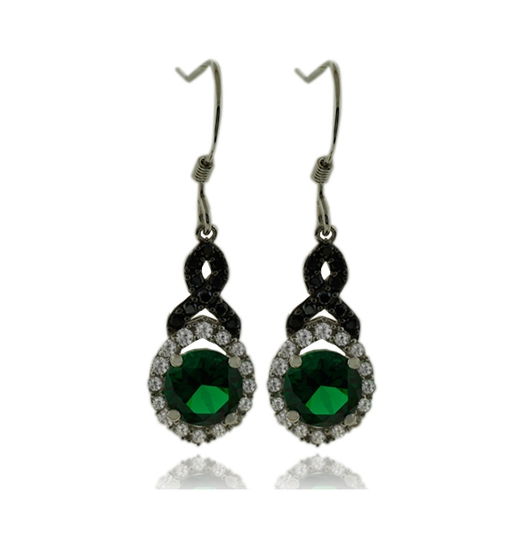 Hermoso Par de Aretes de Plata .925 con Piedra de Esmeralda en Corte Circular y Zirconias