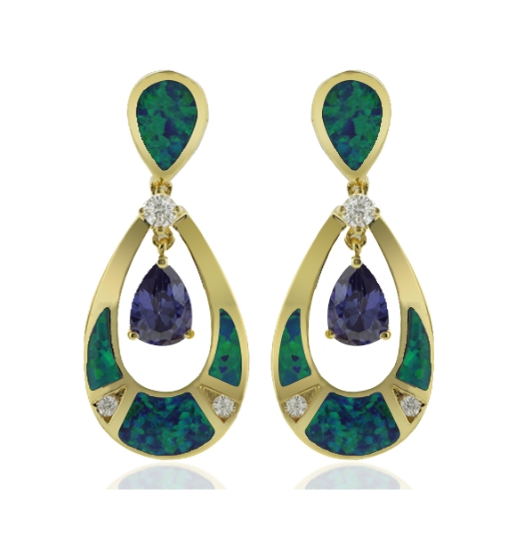Amazing Gold Plated Earrings With Drop Cut Tanzanite and Australian Opal.