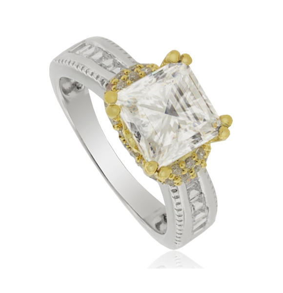 Bello Anillo de Plata con Gran Piedra Zirconia y Detalles en Baño de Oro de 14K