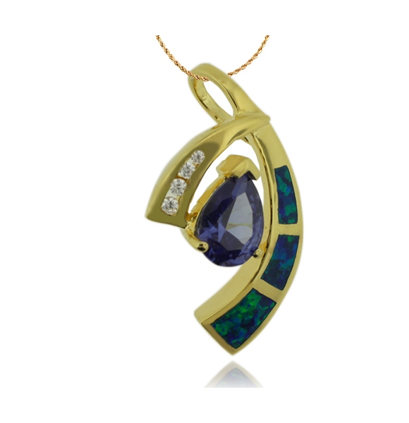 Asombroso Dije en Baño de Oro con Tanzanita en Corte Pera y Ópalo Australiano.