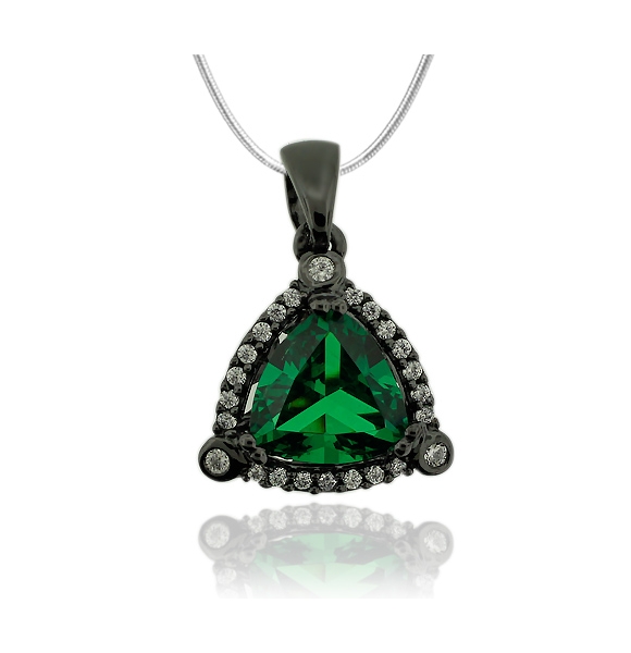 Hermoso Dije de Plata Negra y Piedra de Esmeralda en Corte Triangular y Zirconias