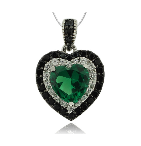 Dije de Plata .925 con Piedra de Esmeralda en Forma de Corazón y Zirconias