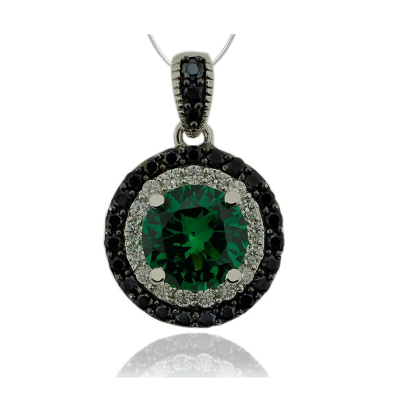Dije de Plata .925 con Piedra de Esmeralda en Corte Circular y Zirconias