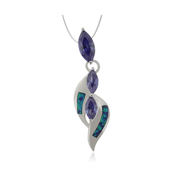 Dije de Plata Fina con 3 Piedras de Tanzanita y Ópalo