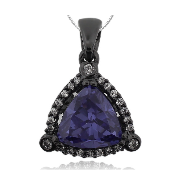 Dije de Plata Negra y Piedra de Tanzanita en Corte Triangular y Zirconias