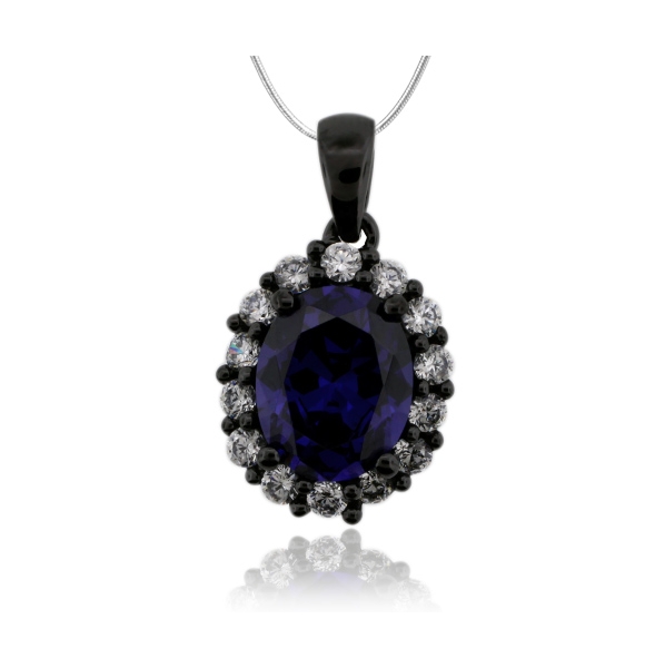 Dije de Plata oxidada y Tanzanita en Corte Oval con Zirconias