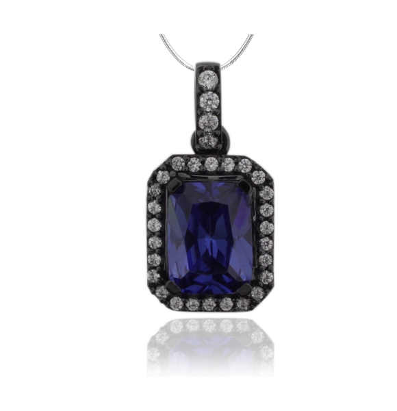 Dije de Plata Negra y Piedra de Tanzanita en Corte Esmeralda y Zirconias