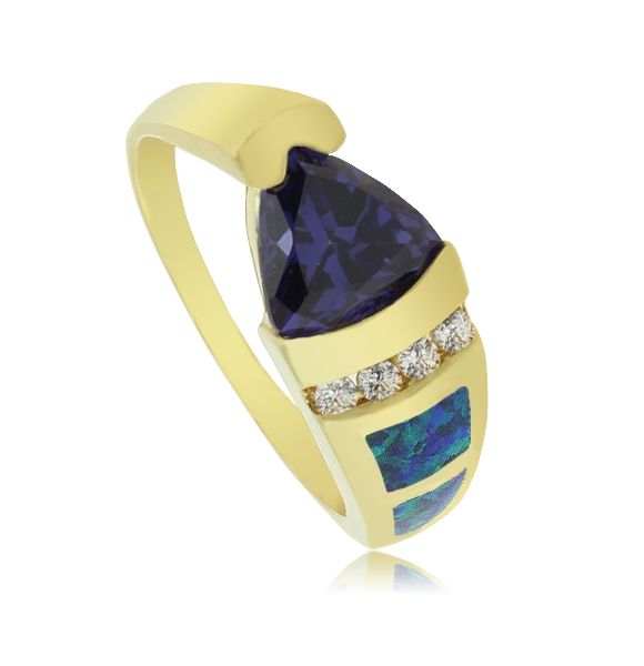 Hermoso Anillo de Ópalo Australiano En Baño de Oro con Piedra Tanzanita en Corte Triangular