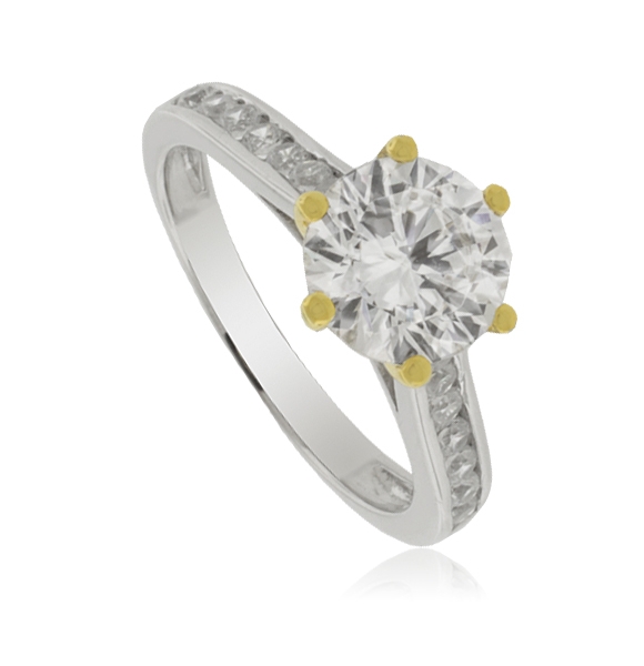 Hermoso anillo solitario con piedra zirconia y bellos acabados en baño de oro de 14K