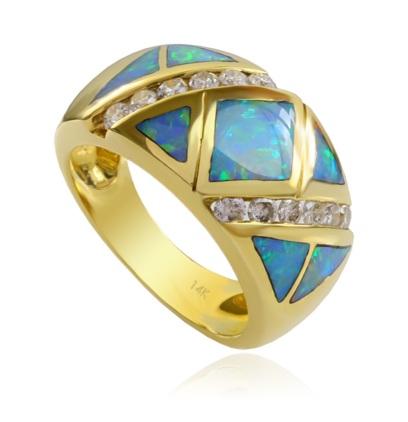 Precioso Anillo de Oro 14K con Opalo y Diamantes