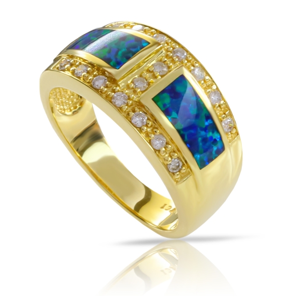 Anillo de Oro de 14K con Opalo Australiano con Diamantes Genuinos
