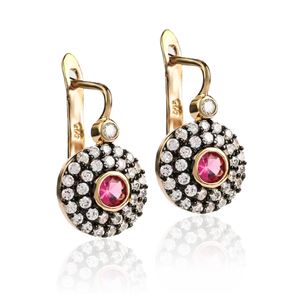 Aretes de Plata Con Ruby Baño de Oro Rosa Diseño Antigua