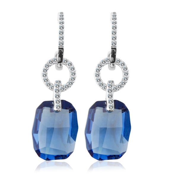 Aretes Largos de Cristal Azul de Swarovski en Plata de Ley Color Azul