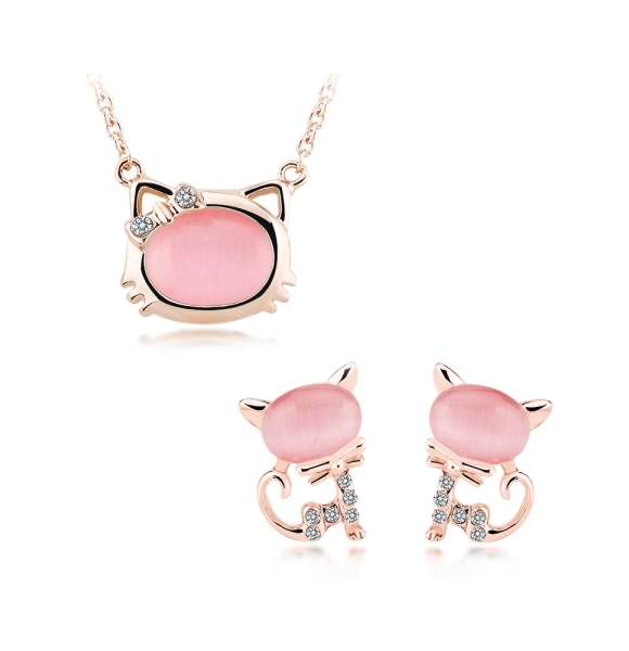 Bonito Juego de Collar y Aretes de Gato Color Rosa
