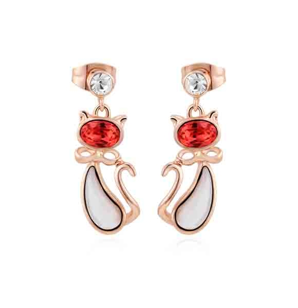 Aretes de Gato Con Swarovski Color Rosa y Madre Perla